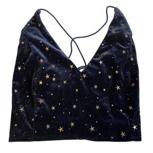 Romwe Blue Velvet Celestial Gold Star Corset Back Spaghetti Strap Crop Top Med